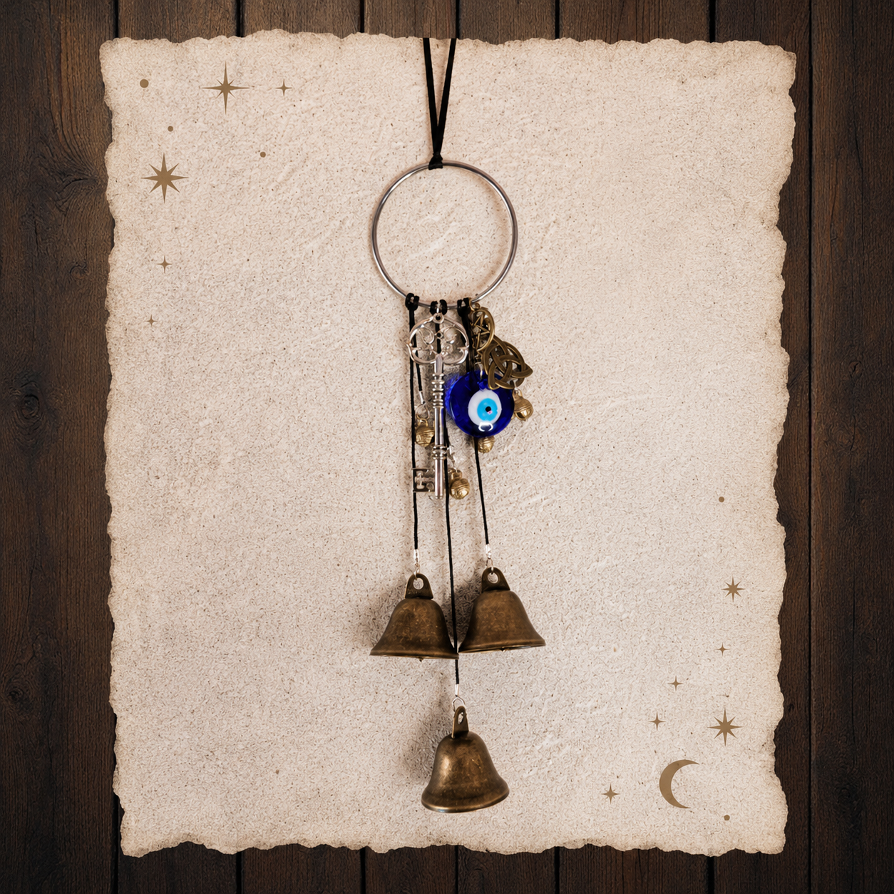 amulette bouclier magique protection mauvais œil cloches œil turc triquetra clé pentagramme décoration ésotérique