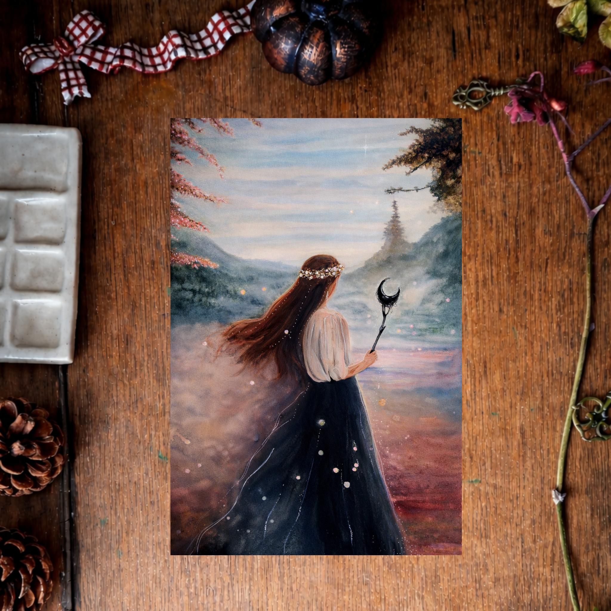 Illustration “Lunaison”, femme dans un univers lunaire et magique lié aux cycles de la lune