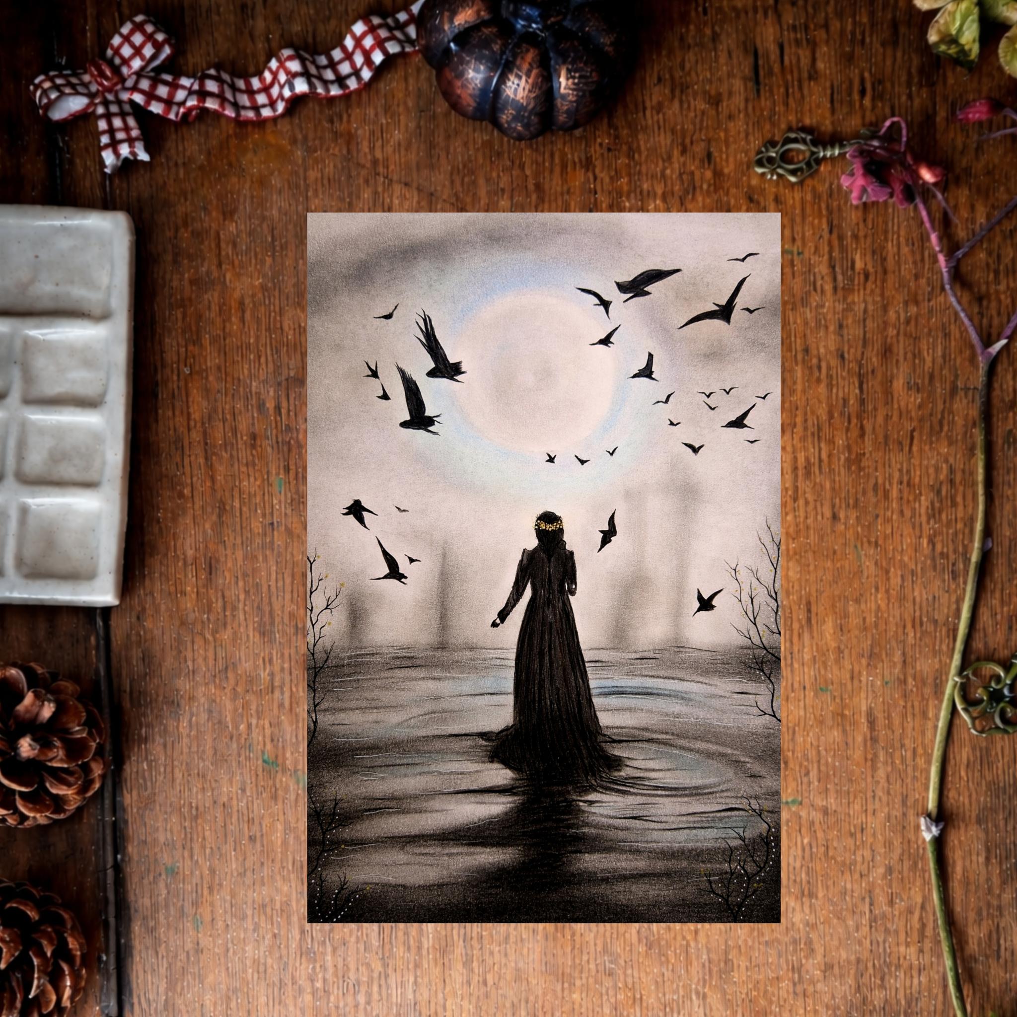 Illustration “L’Envolée Sauvage”, figure féminine dans un univers lié à la nature et aux oiseaux