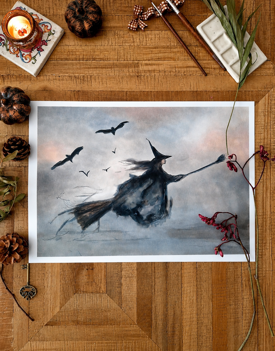 illustration sorciere nouveau ciel aquarelle figure feminine A3 horizon