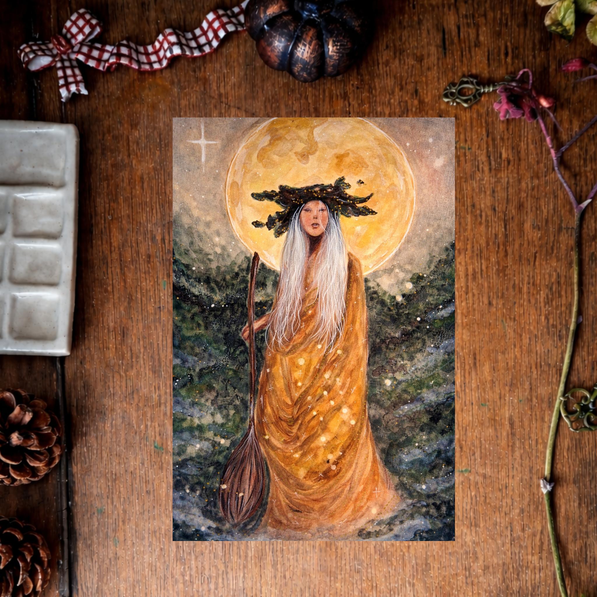 Illustration “Mabon”, femme dans un univers lié à l’automne et aux cycles de la nature