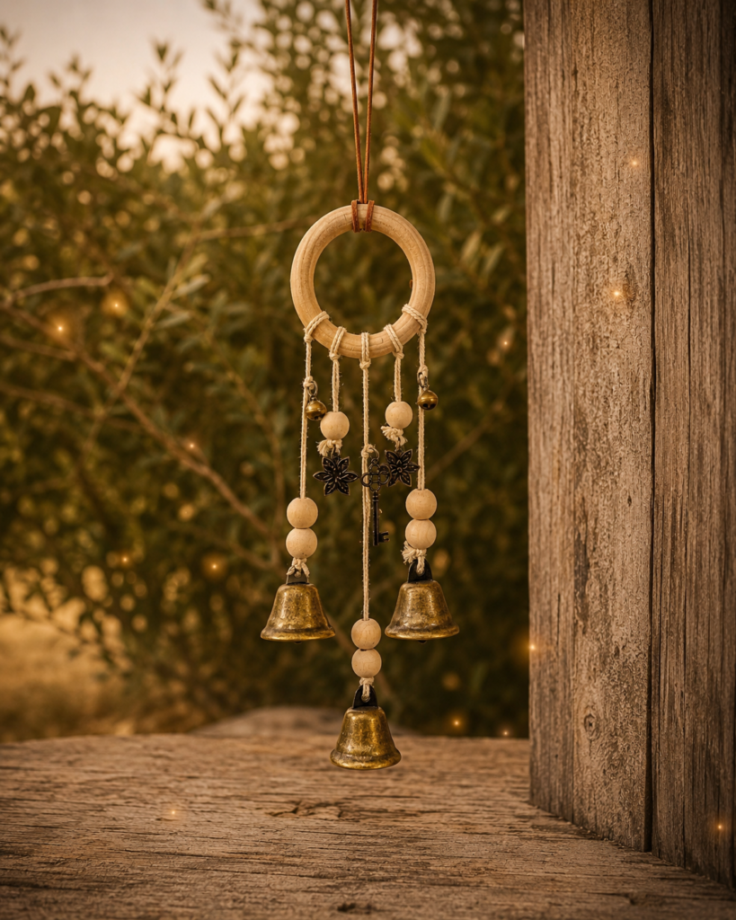 amulette protection sacrée bois cercle cloches clé fleurs mandalas protection foyer énergie harmonieuse