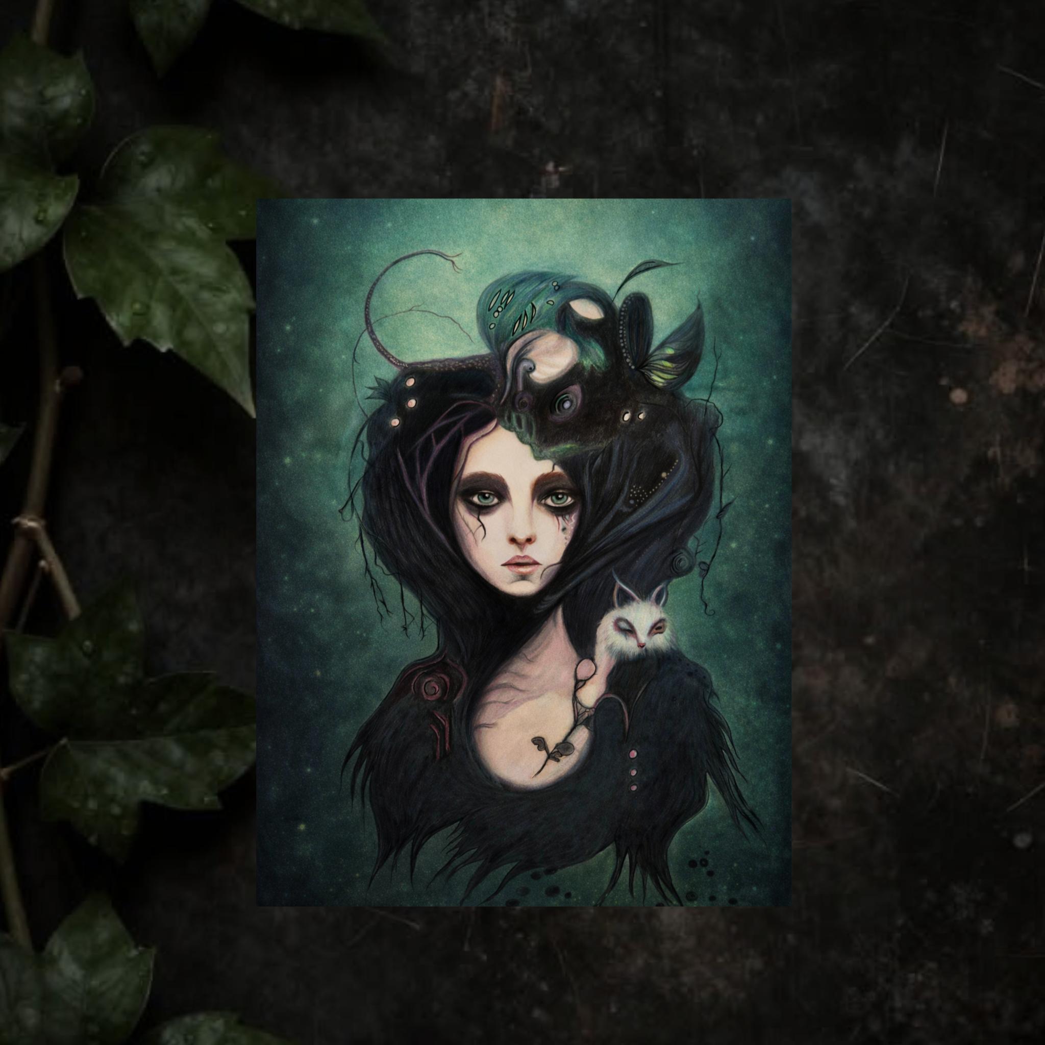 Illustration forêt mélancolique femme nature mystique tons verts tirage art