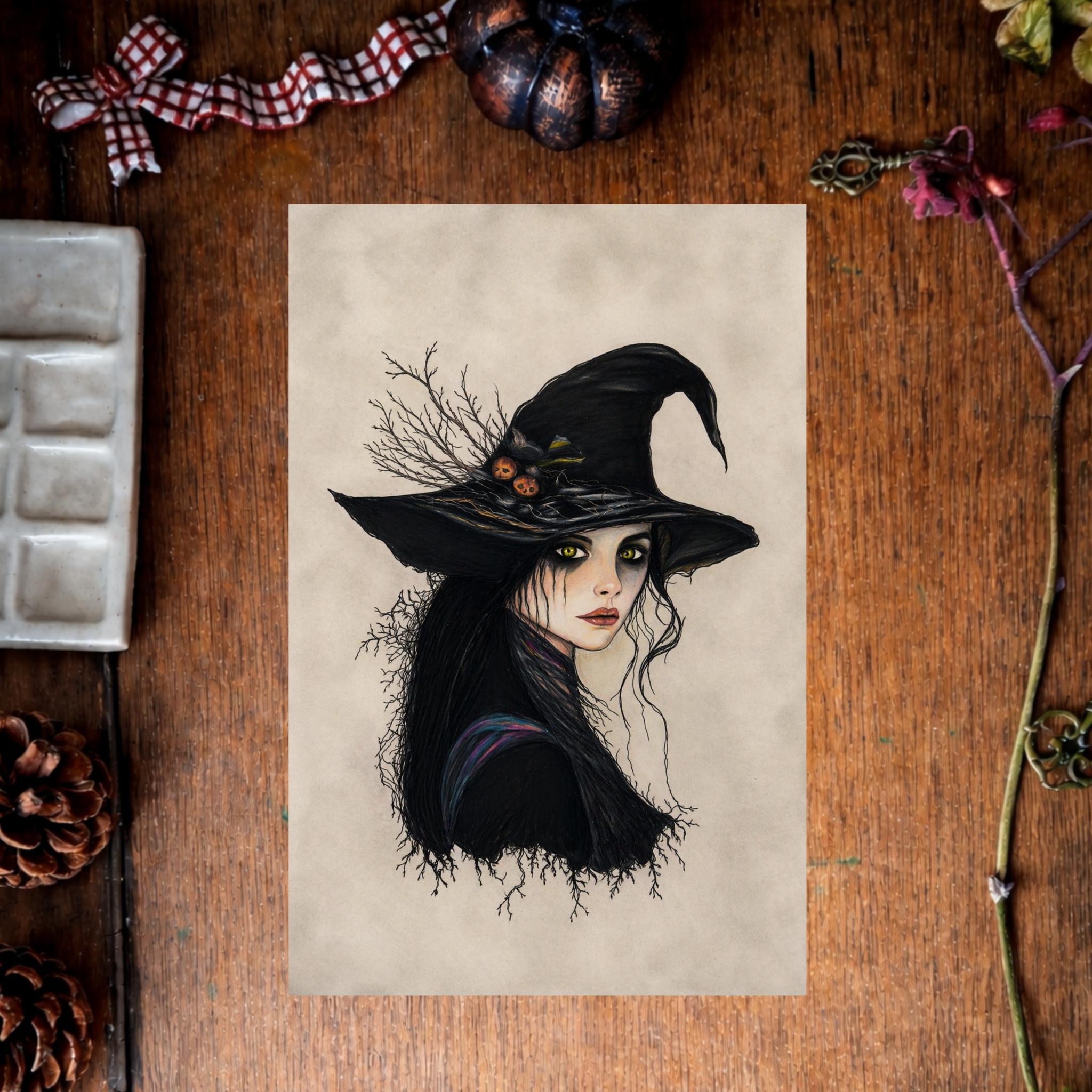 illustration enchanteresse sorcière regard puissant tirage art