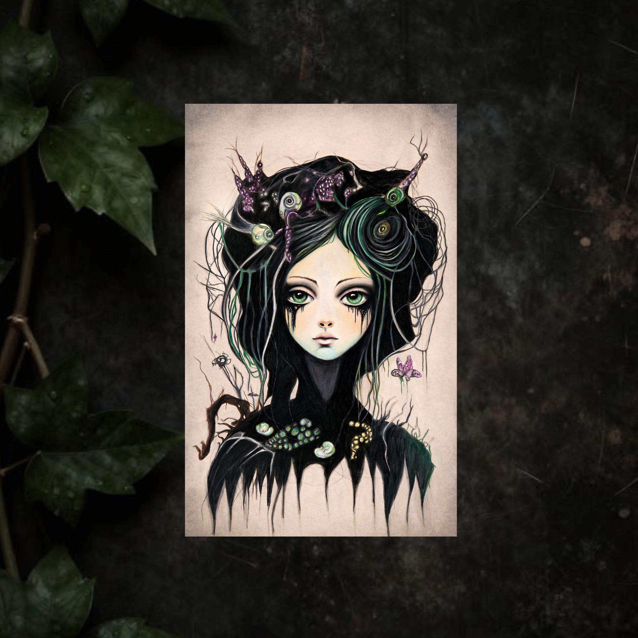 illustration sorciere roche verte femme mystique nature vegetal tirage art