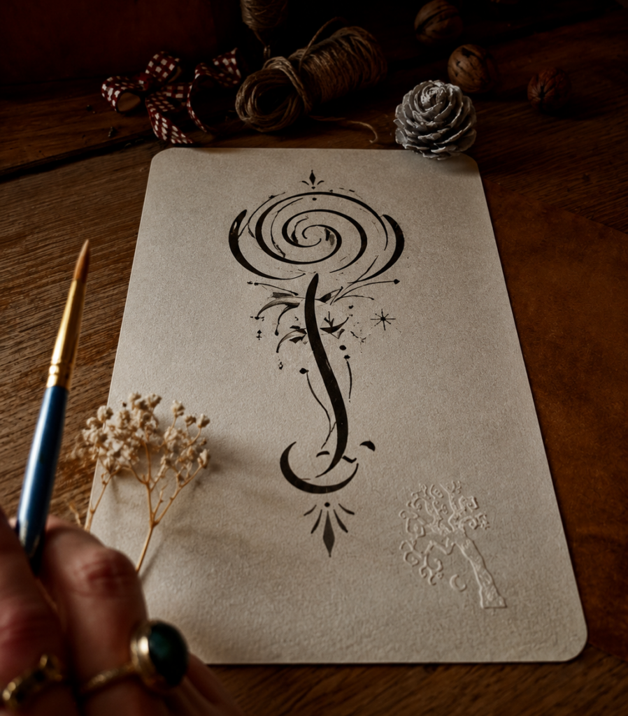 Sigil de protection dessiné à la main à l’encre noire sur papier blanc, composé de formes symboliques abstraites et organiques.