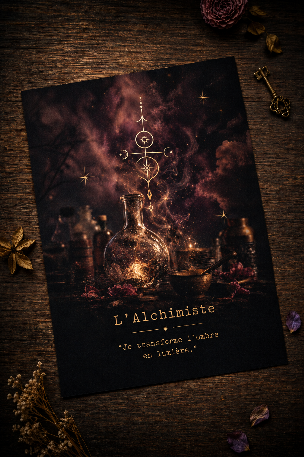 Tirage d’art L’Alchimiste représentant une figure symbolique autour de la transformation et de la lumière.