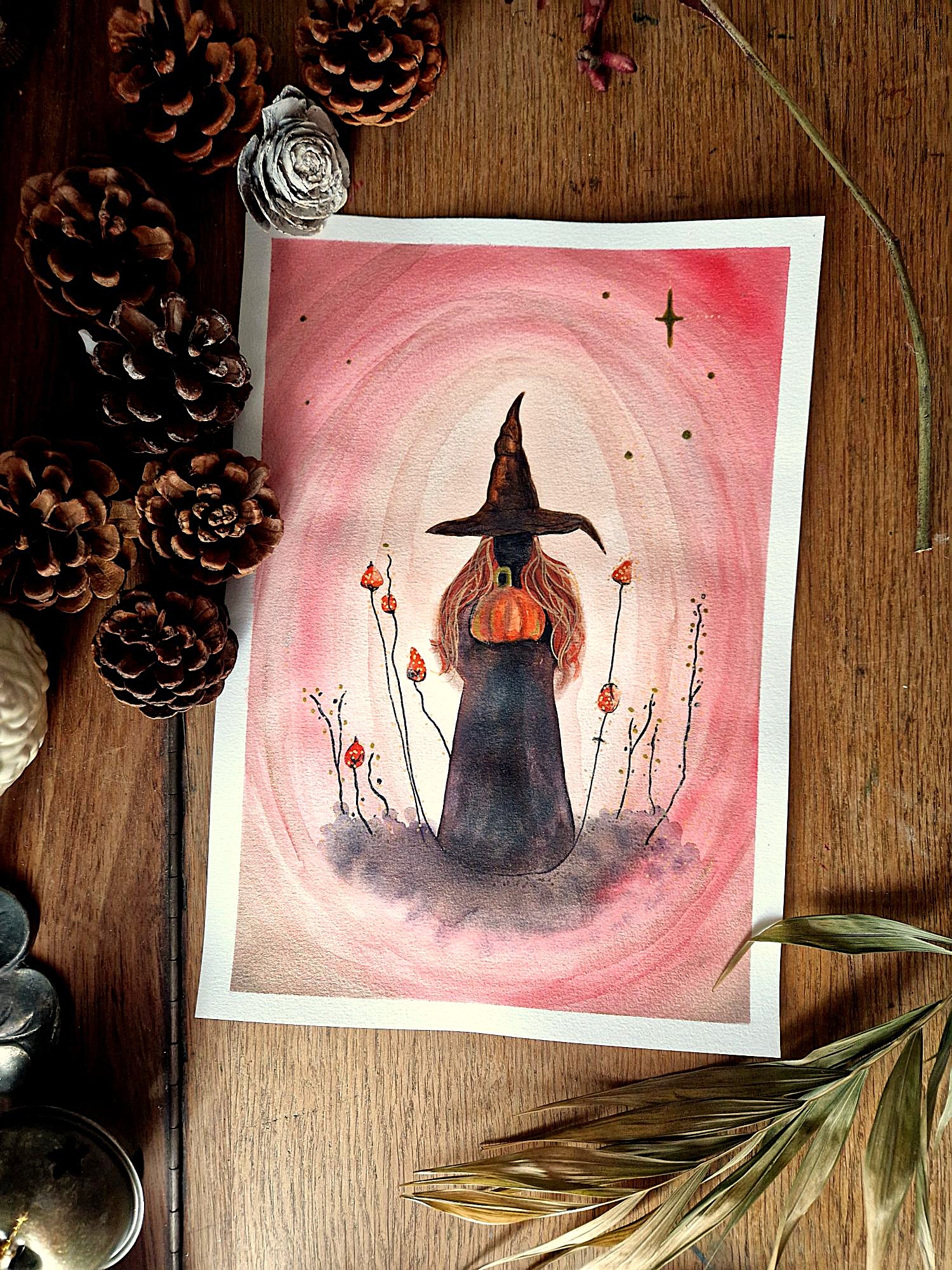 Samhain — illustration originale représentant une sorcière, format A4.