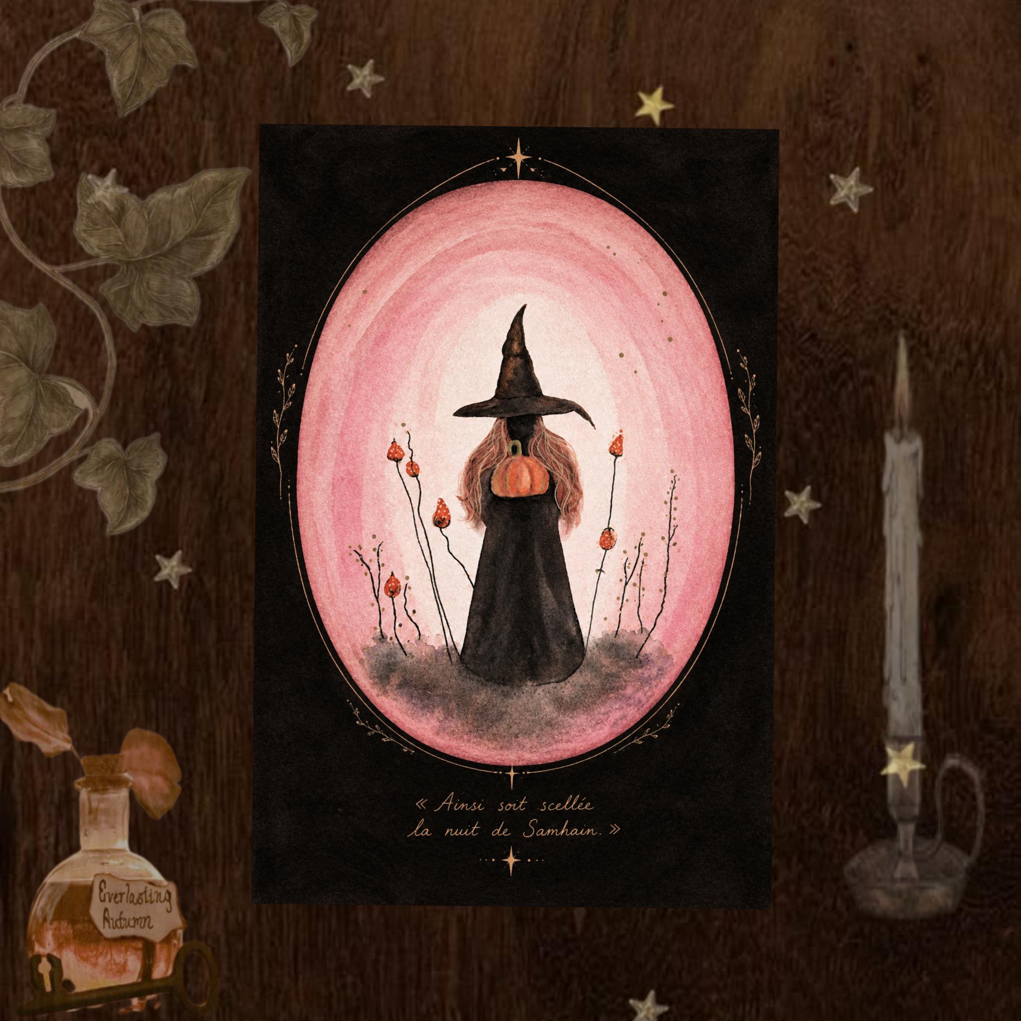 Samhain — tirage d’art représentant une sorcière, gardienne de la saison sombre.